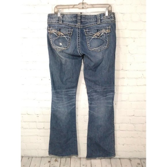 Silver Jeans Jeans Silver Jeans Womens 3x3 Pioneer Boot Cut Distressed Jeans Dark Wash 32x31